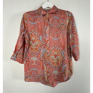 Chico's Womens No-Iron Red Blue Paisley Linen Shirt 3/4 Sleeve Button-Up Size 1